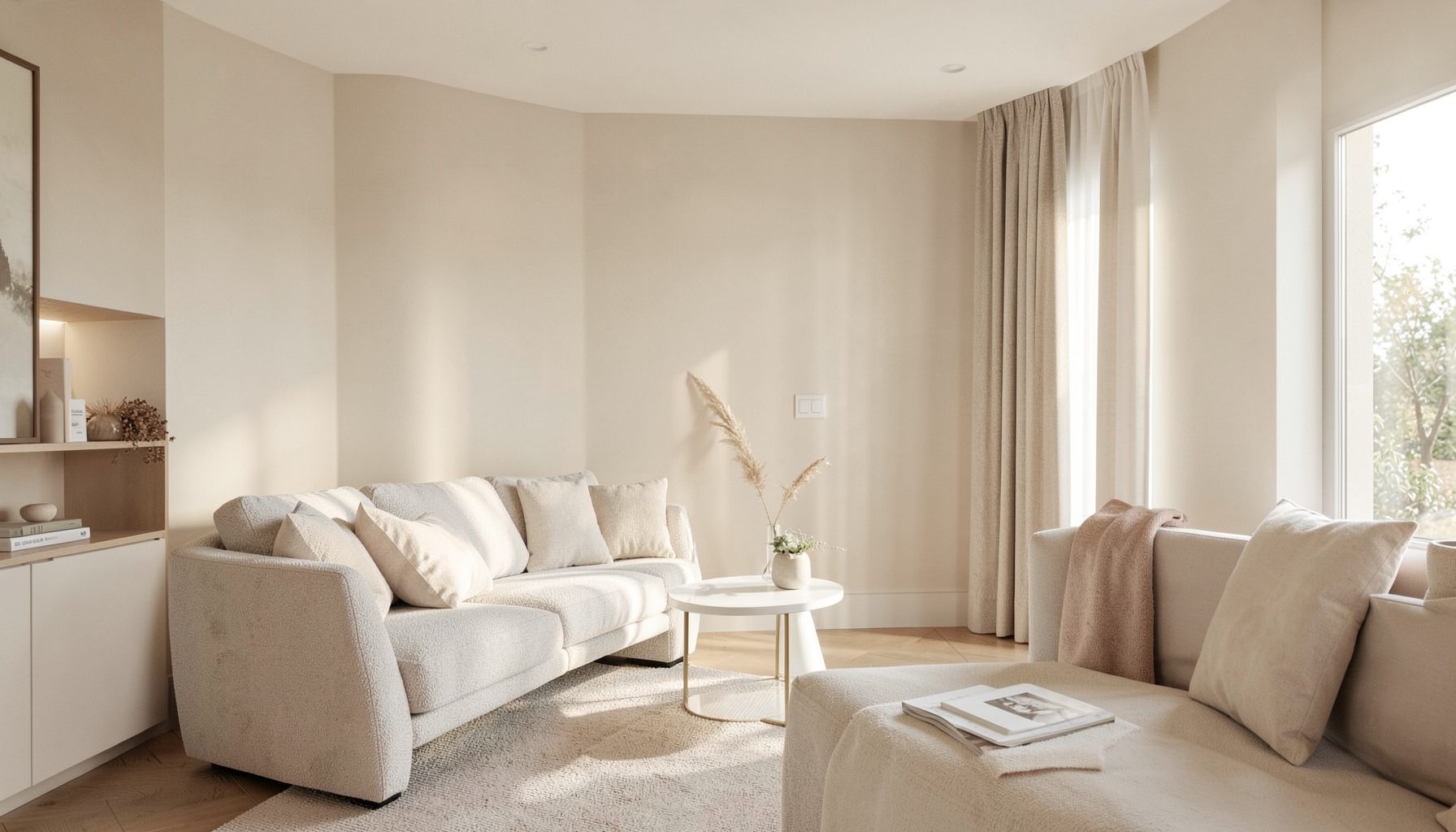 A clean, bright interior of a modern home with soft natural light streaming through a window, warm beige and off-white tones, calm and protected atmosphere.