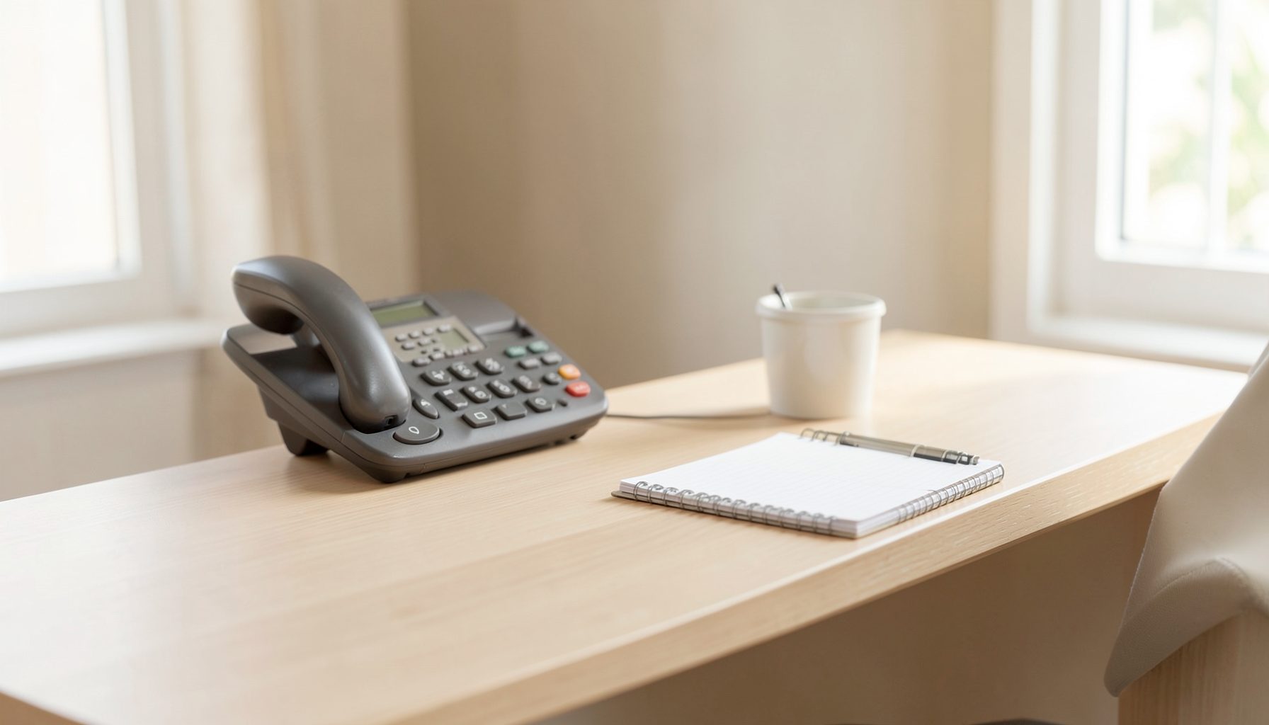 A clean, bright reception desk with a phone and notepad, warm neutral tones and soft natural light, calm and professional atmosphere