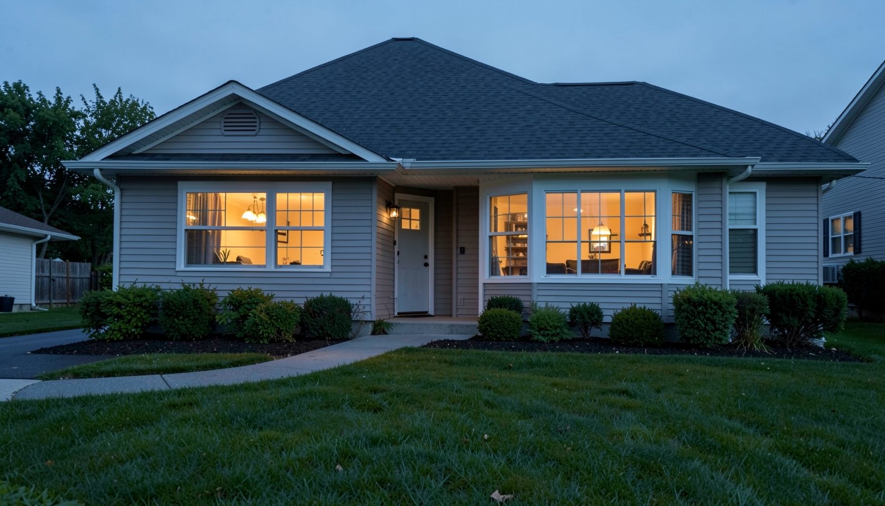 A clean suburban home exterior at dusk with warm interior lights glowing through windows, surrounded by a tidy green lawn, conveying safety and calm in muted grey-blue tones