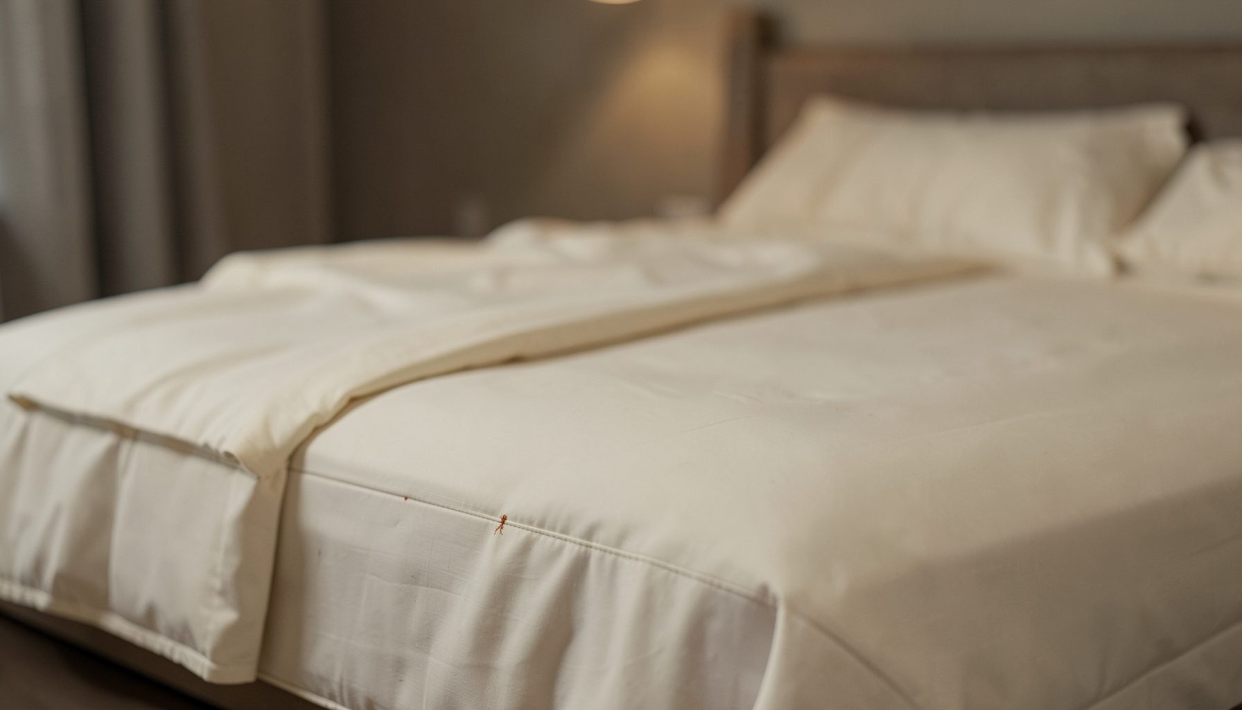 A neatly made bed with soft cream linens, a faint reddish-brown speck on the mattress seam, subdued bedroom lighting.