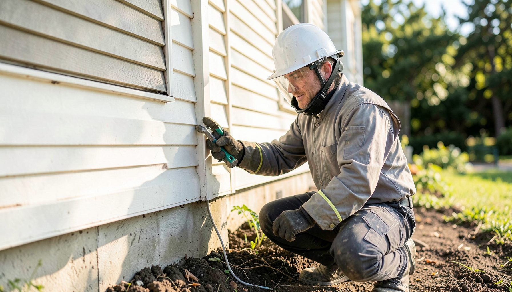 A pest control technician in protective gear inspecting the exterior foundation of a house on a bright day, warm natural light, professional and reassuring mood