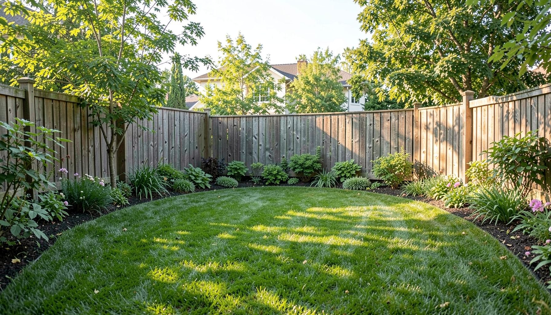 A serene suburban backyard with a well-maintained lawn and wooden fence, soft green foliage, warm afternoon sunlight, peaceful and protected outdoor living space.