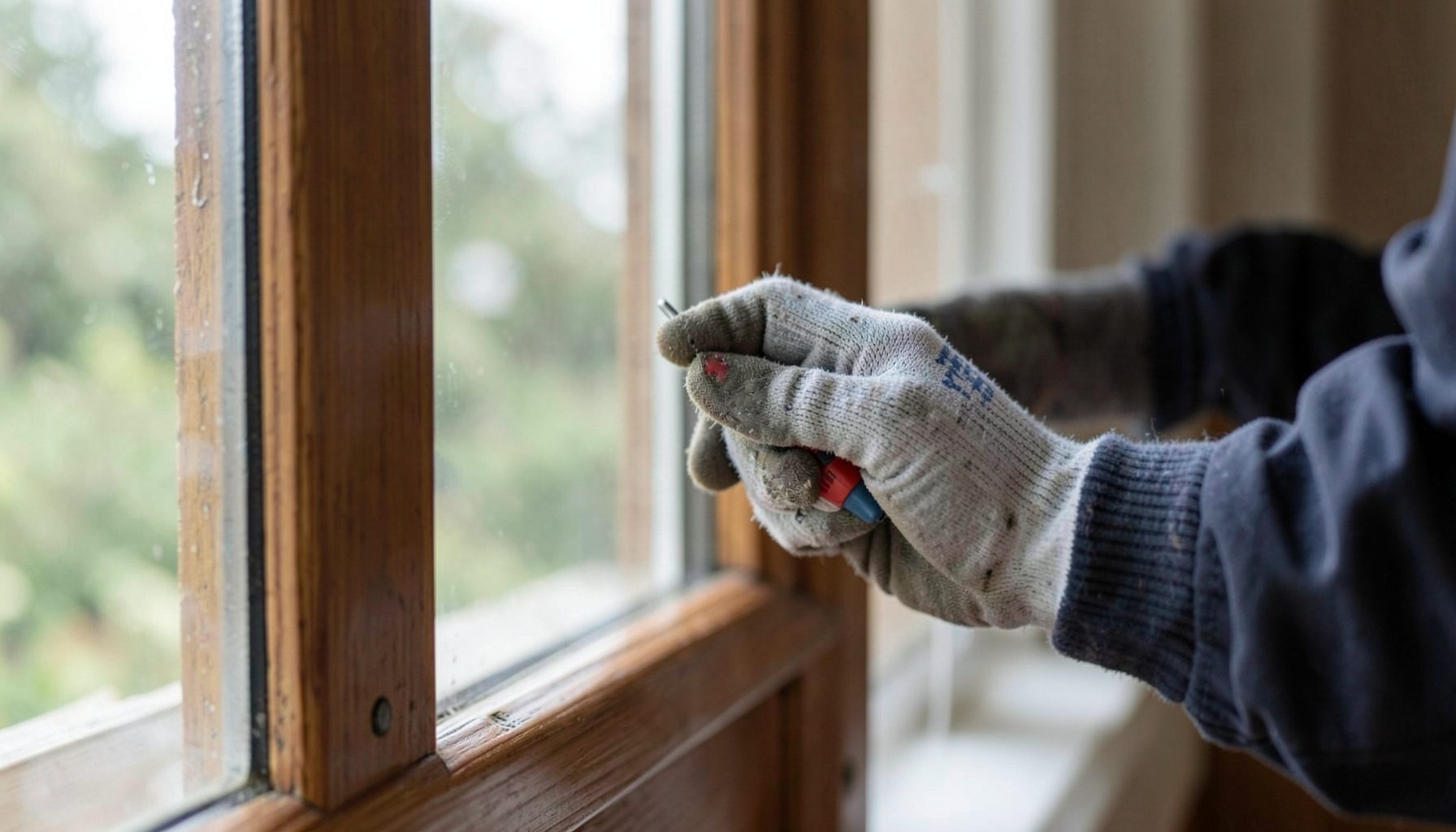 A technician's gloved hand inspecting a wooden window frame, soft natural daylight, muted greens and browns outside, calm professional atmosphere.