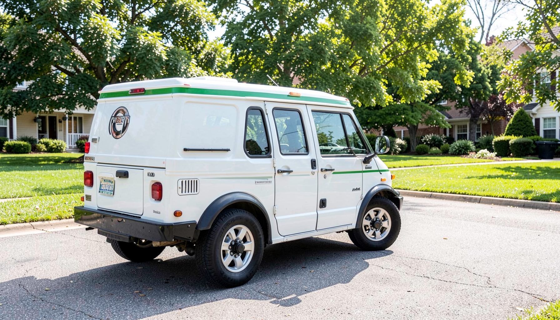 A tidy pest control service vehicle parked on a quiet suburban street on a bright afternoon, with green lawns and trees in the background