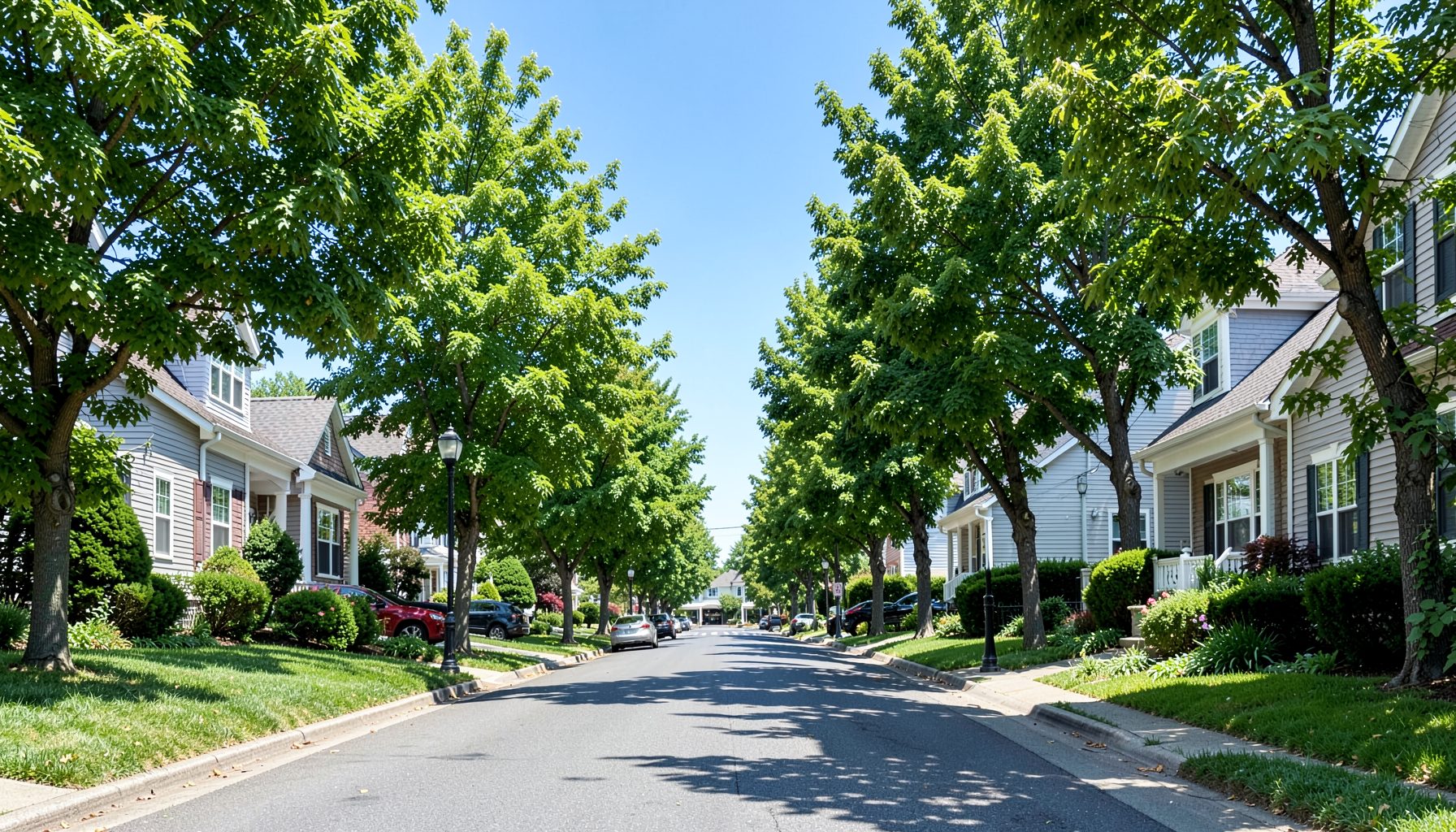 A tidy residential neighbourhood street lined with green trees and well-maintained homes under a clear blue sky, calm and suburban atmosphere