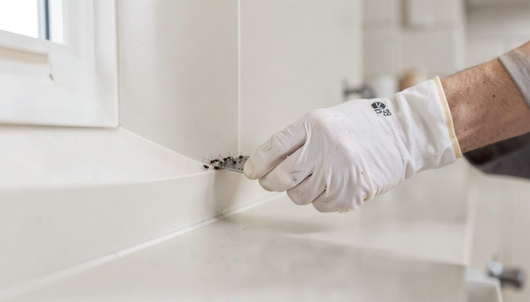 Close-up of a gloved hand applying eco-friendly pest treatment along a baseboard inside a clean modern kitchen, soft neutral tones