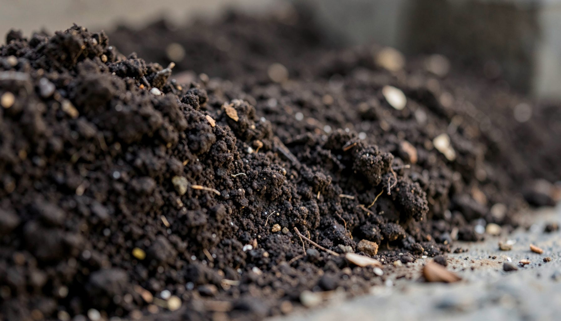 Dark soil and foundation edge with soft natural light, earthy browns and muted grays, calm and grounded atmosphere