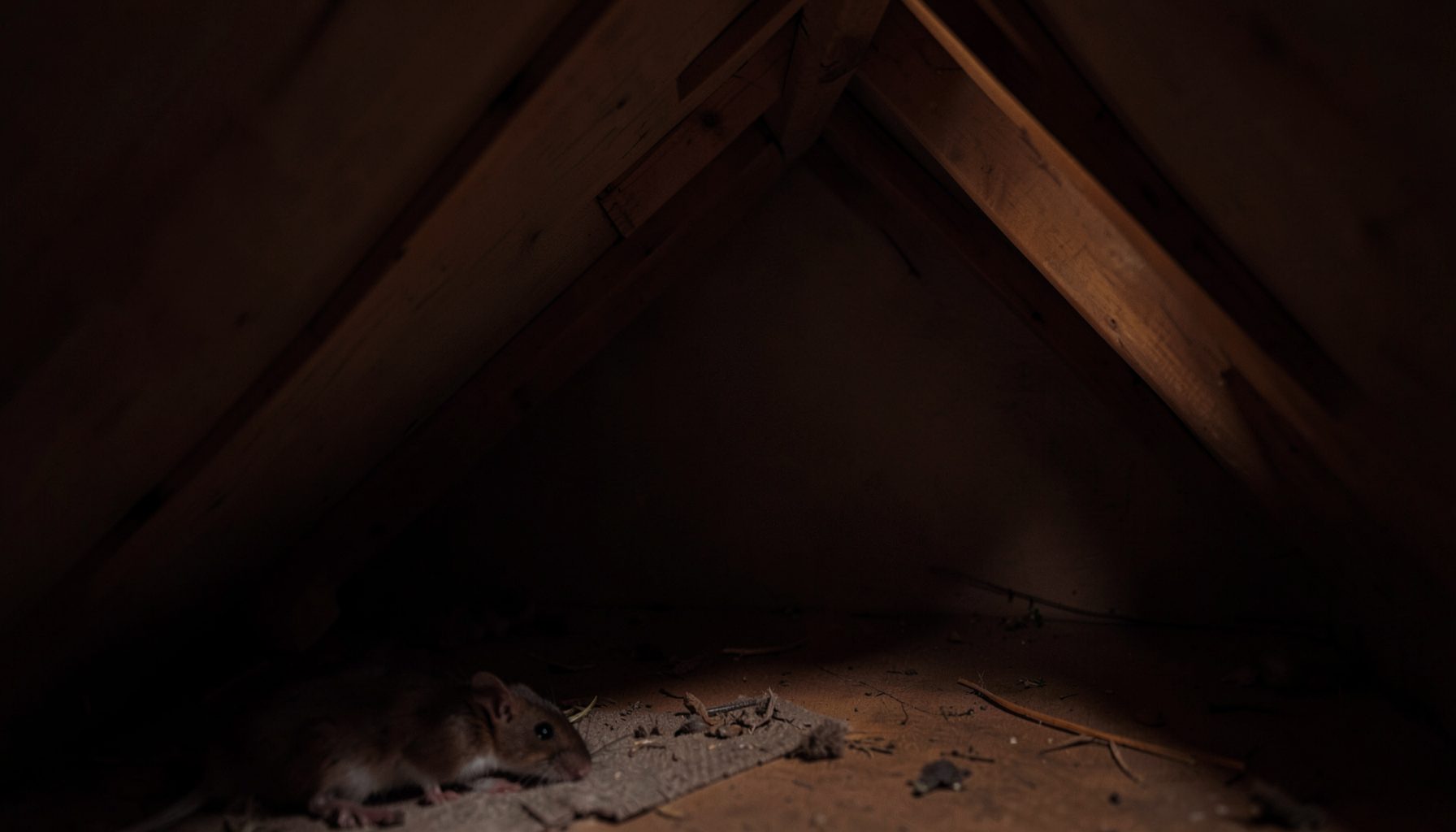 Dim interior view of a quiet attic corner with soft shadows and warm brown tones, evoking a space where rodents might hide