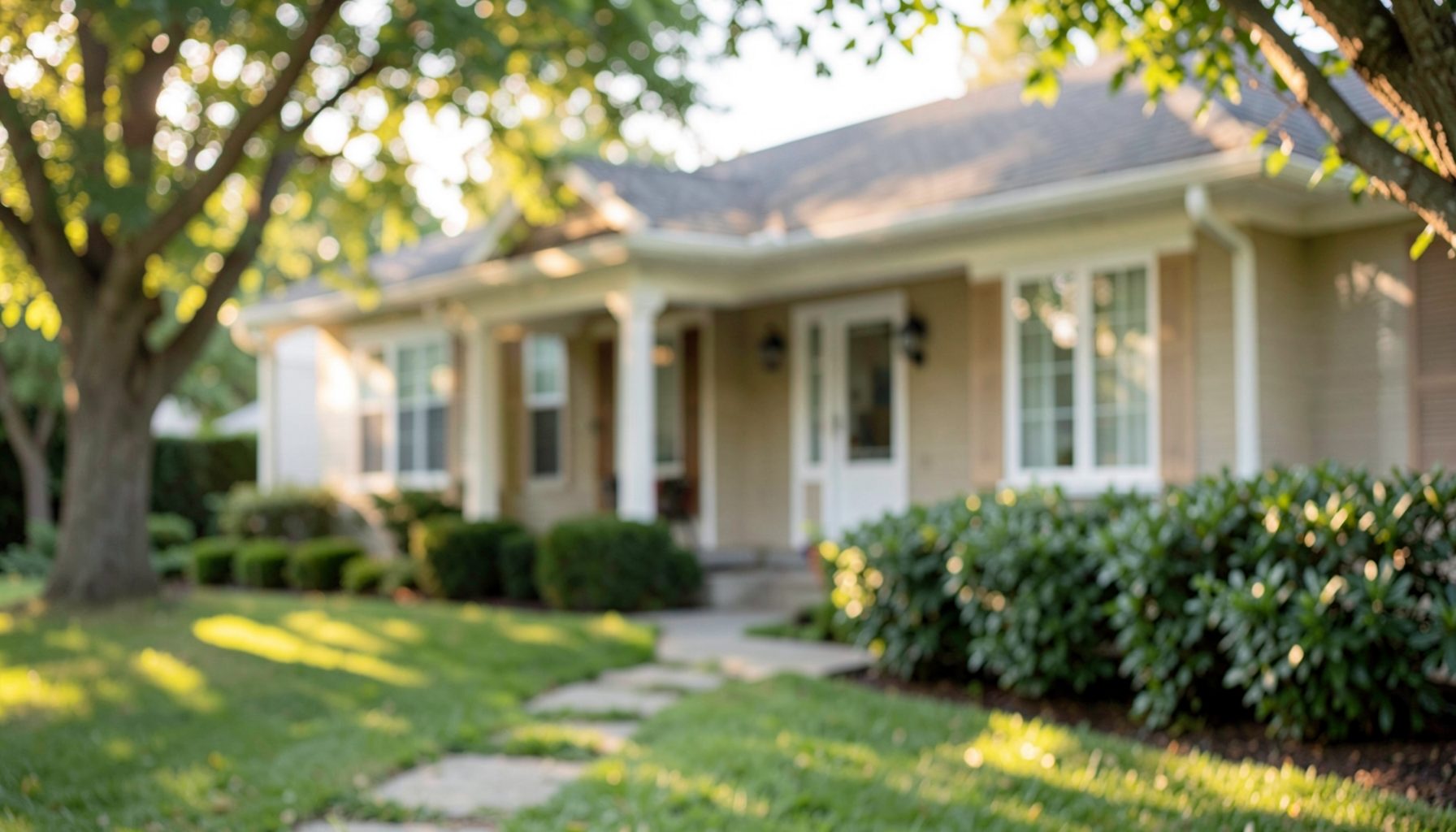 Soft-focus view of a clean residential exterior with warm sunlight filtering through trees, conveying a calm and protected home environment