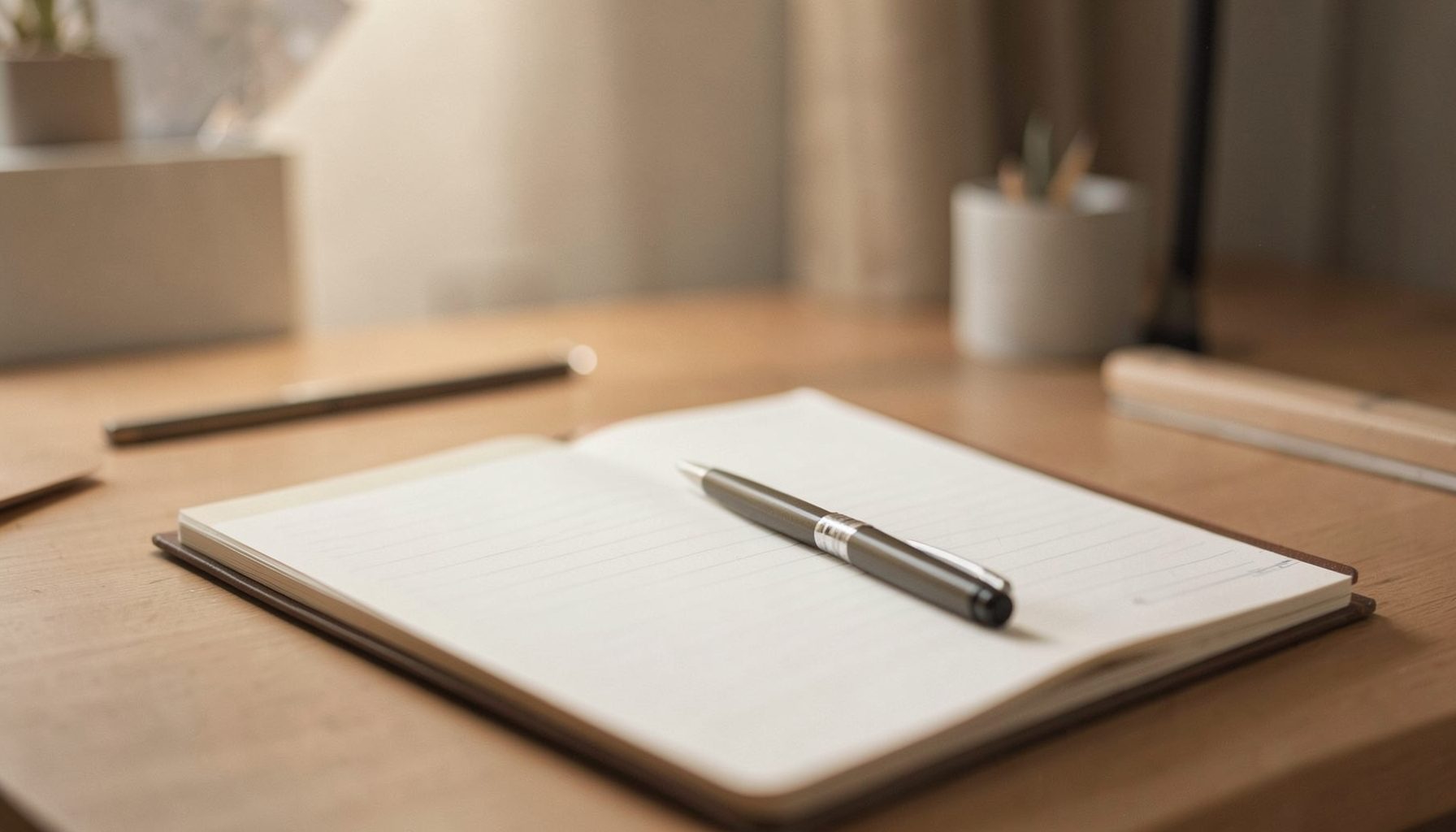 Softly lit desk with a notebook and pen, warm neutral tones, calm and organized atmosphere